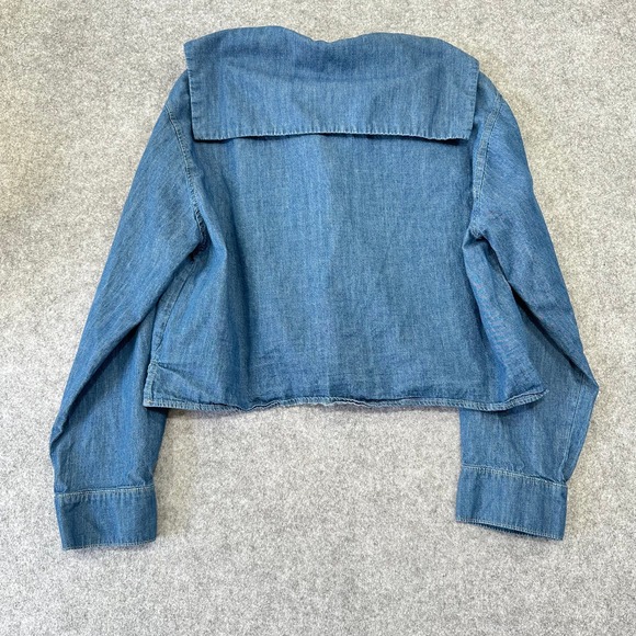 Zara Womens Cropped Denim Shirt Medium Wash Sailor Collar Coquette Cottagecore - Picture 7 of 7